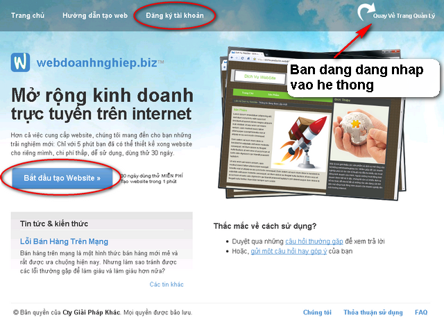 Các liên kết tạo website ở trang chủ của webdoanhnghiep